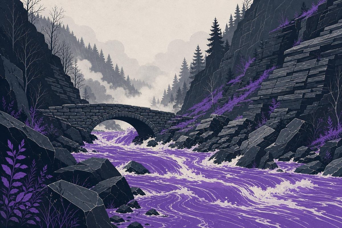 A narrow wooded valley with a swollen river undercutting a stone bridge