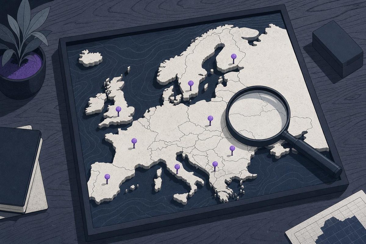 A relief model of Europe on a table with violet pins and a magnifying glass