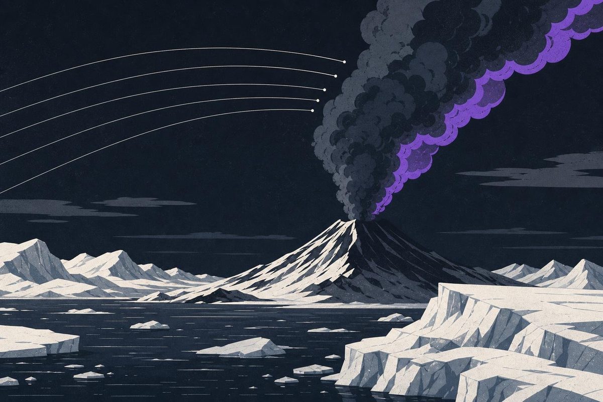 An erupting volcano with a tall ash plume and flight-path lines that stop at its edge