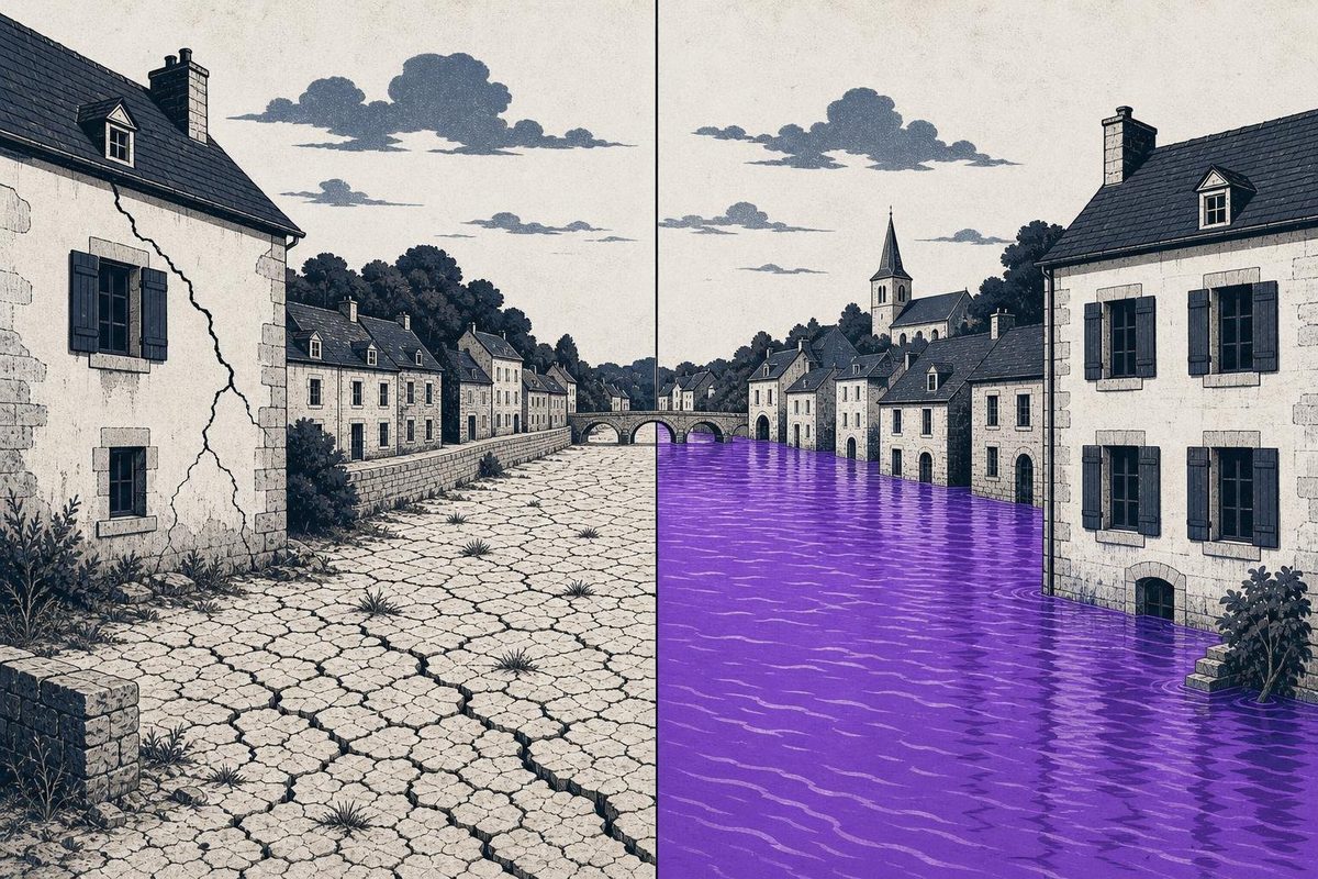 A French river town with a drought crack in a house wall on the left and violet floodwater in the same street on the right