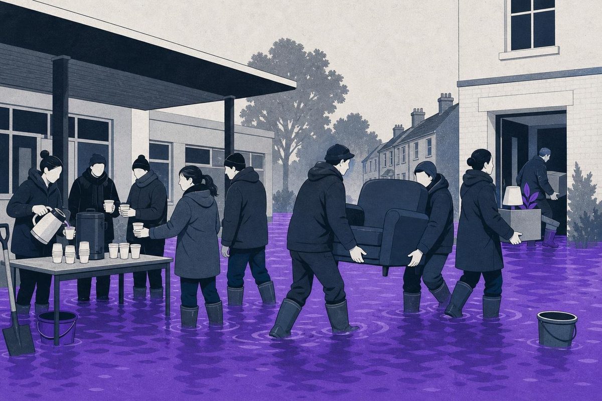 Neighbours carrying furniture out of a flooded ground floor while others serve hot drinks under a canopy
