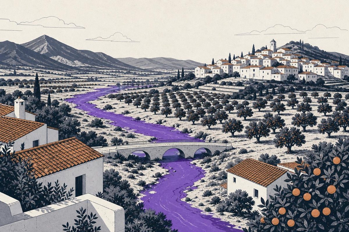 A Mediterranean plain with orange groves and white houses, crossed by a violet flood channel