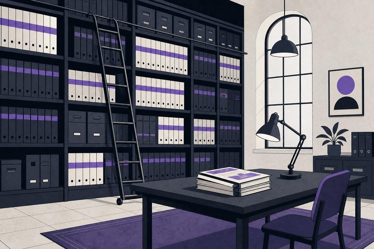 An archive shelf of binders with violet spines, a library ladder and a reading table