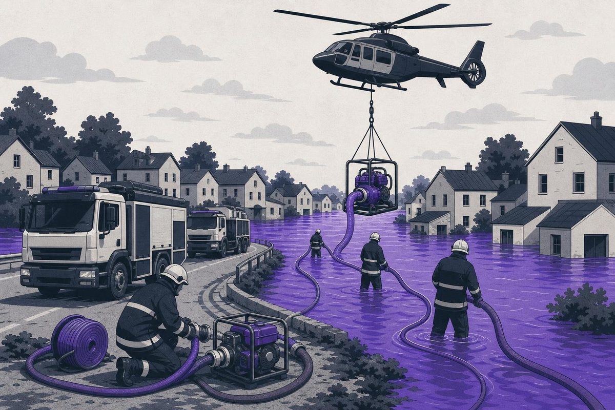 Rescue vehicles and a helicopter lowering a pump toward a flooded town, with firefighters laying hoses