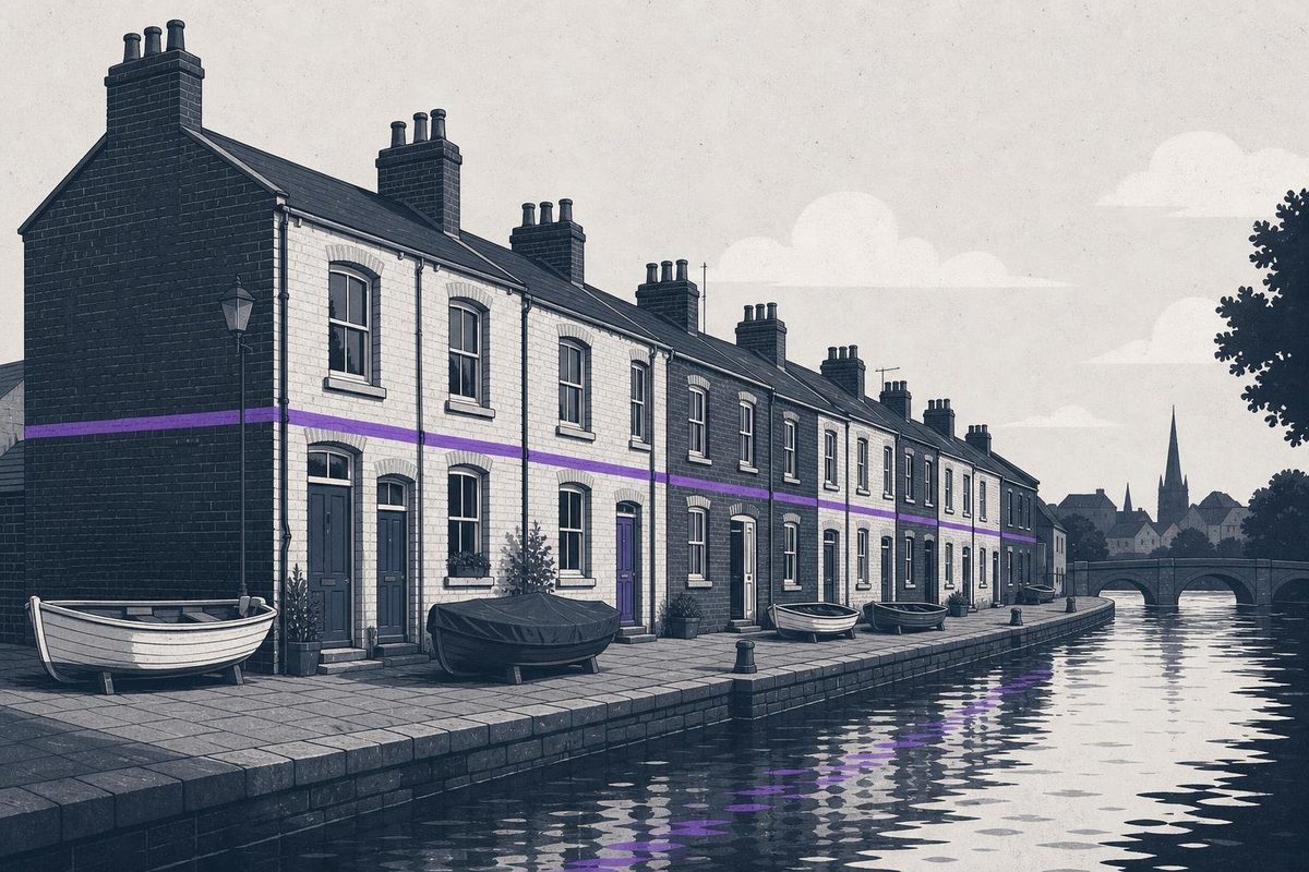 A brick terrace along a river with one violet line at the same height across every house, marking the water level