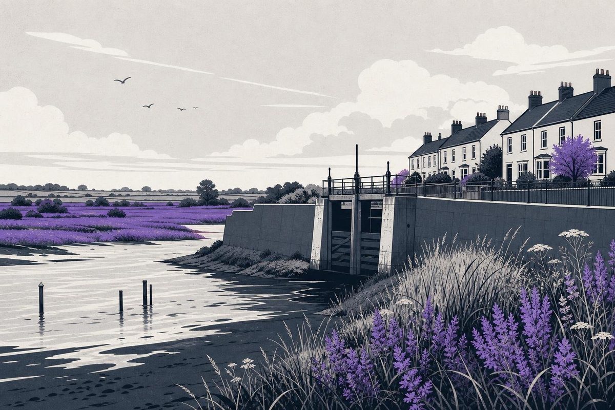 A British tidal river with a flood wall and sluice gate, a violet floodplain beyond a terrace of houses