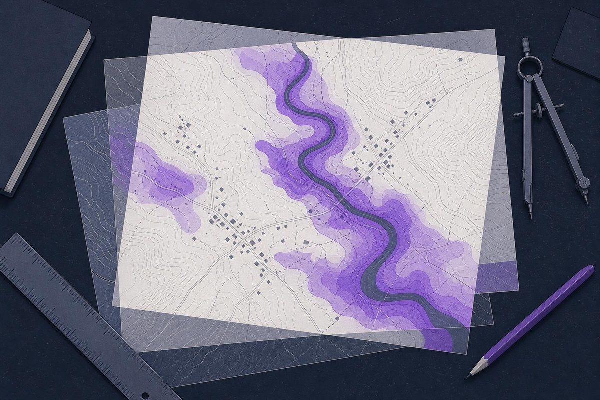 Overlapping map sheets showing contour lines and violet flood zones around a river, with a ruler and compass