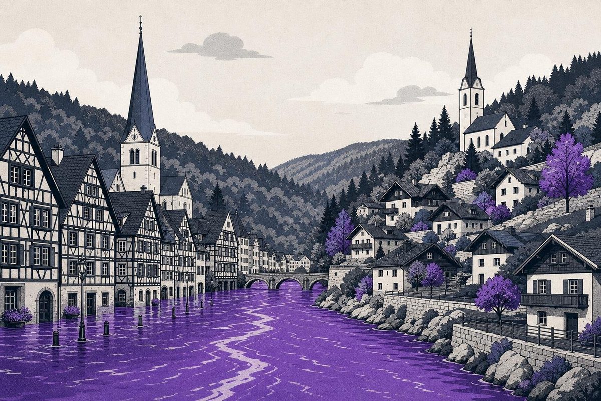 A half-timbered river town and an Alpine village on one river, floodwater in the town street