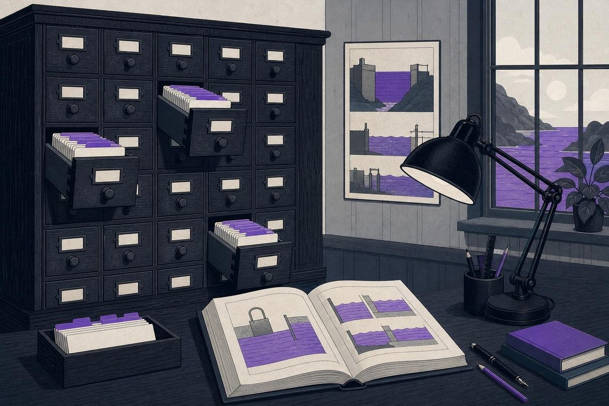 A card-index cabinet with open drawers, a reading lamp and a reference book with diagrams of water levels