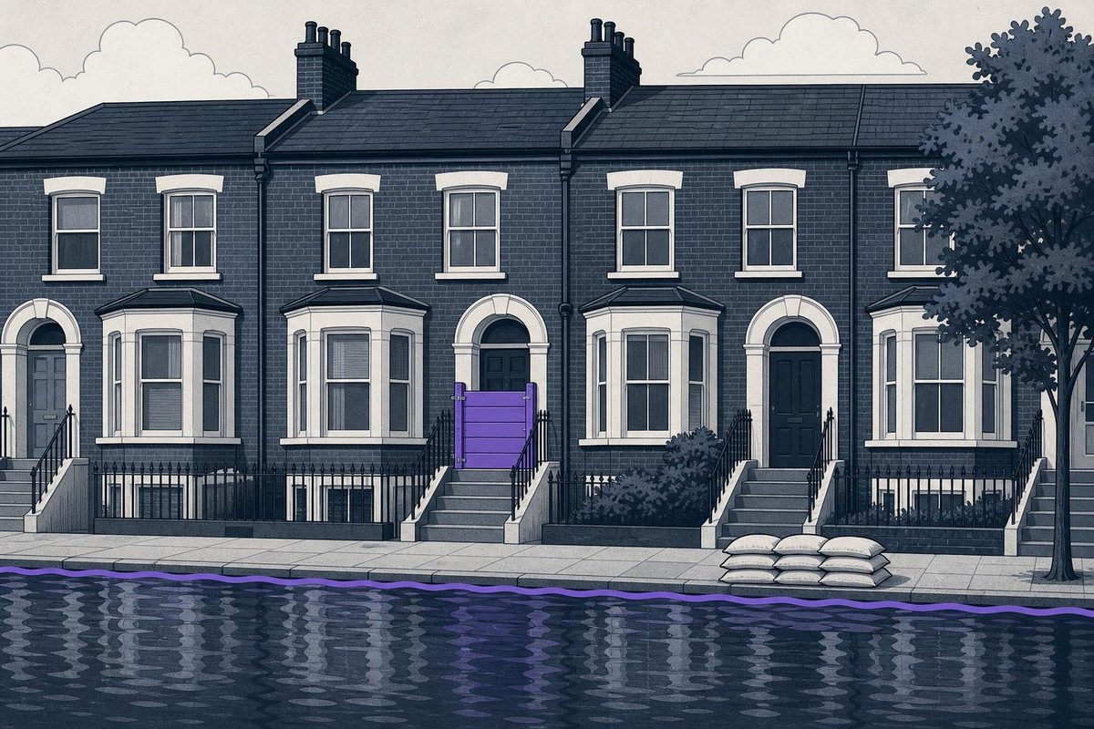 A row of British houses with raised steps, one door fitted with a flood barrier, and a violet waterline on the road