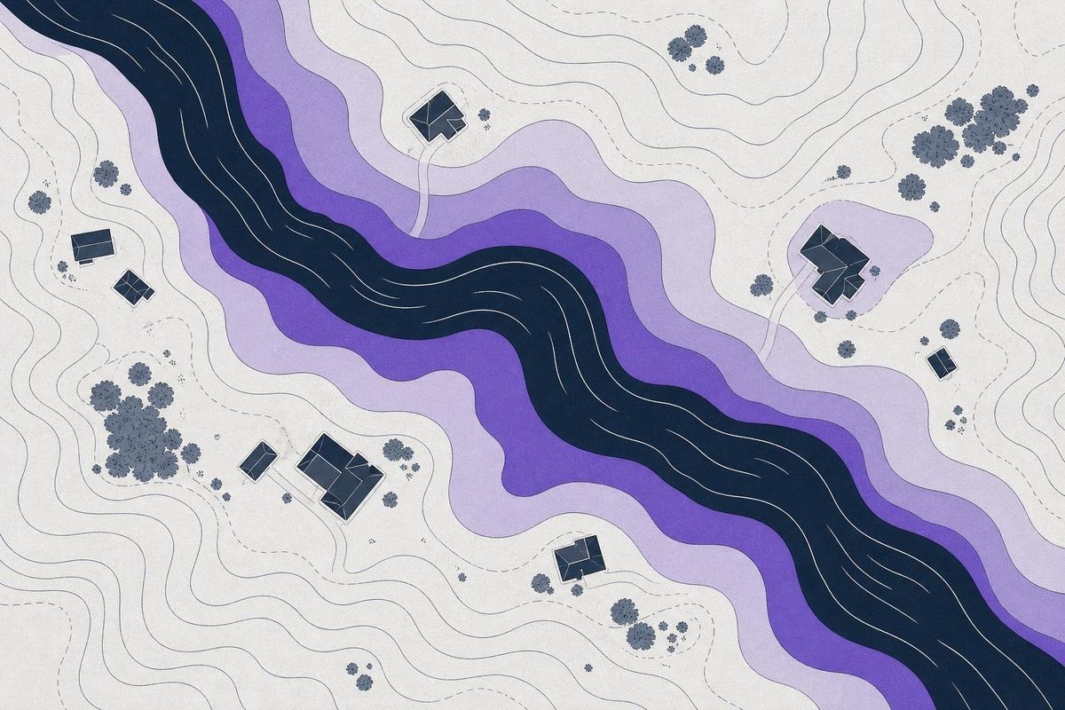 A flood-zone map seen from above with three violet risk bands around a river