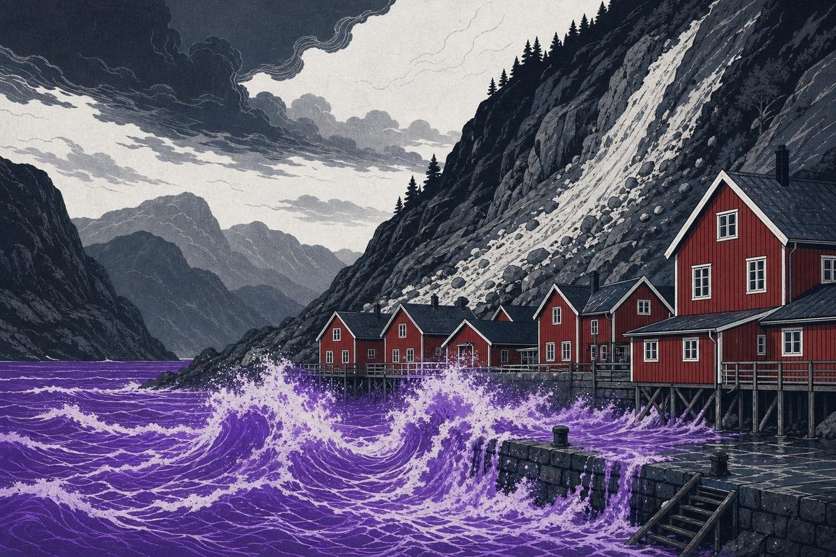 Red timber houses on a Norwegian fjord pier with a landslide scar above and storm surge over the quay