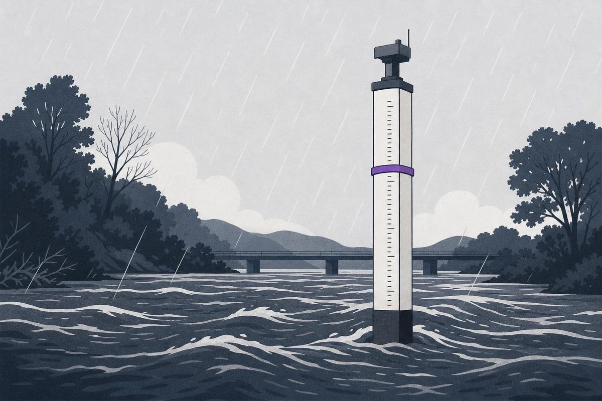 A river gauge post standing in a swollen river with a violet ring marking a trigger height