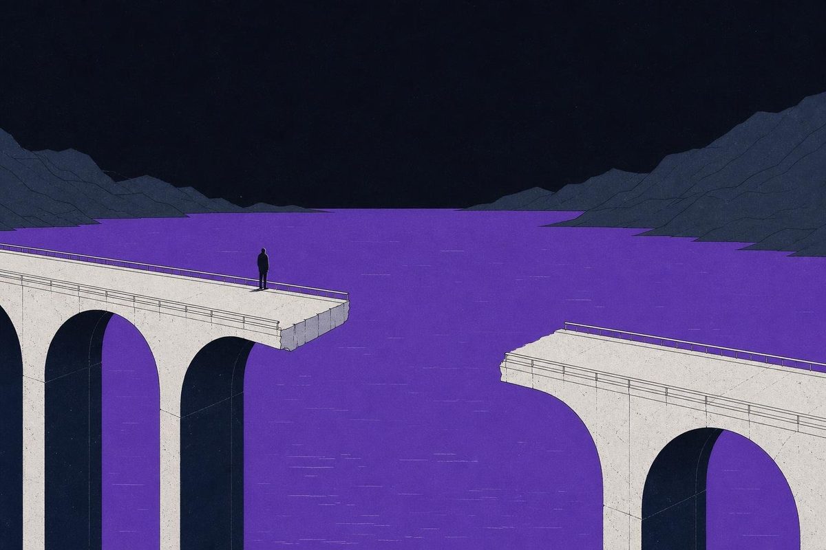 A bridge with a missing middle section, violet floodwater flowing through the gap