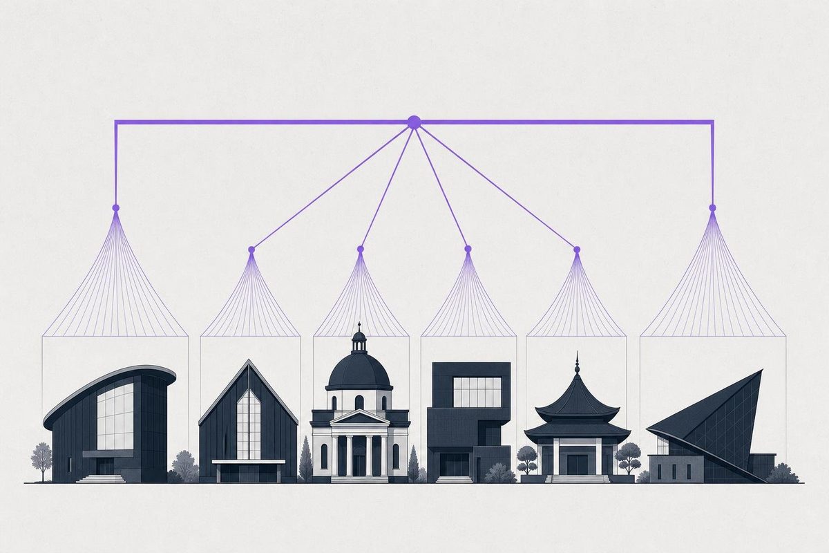 Six different buildings, each under its own canopy, joined by one shared violet beam