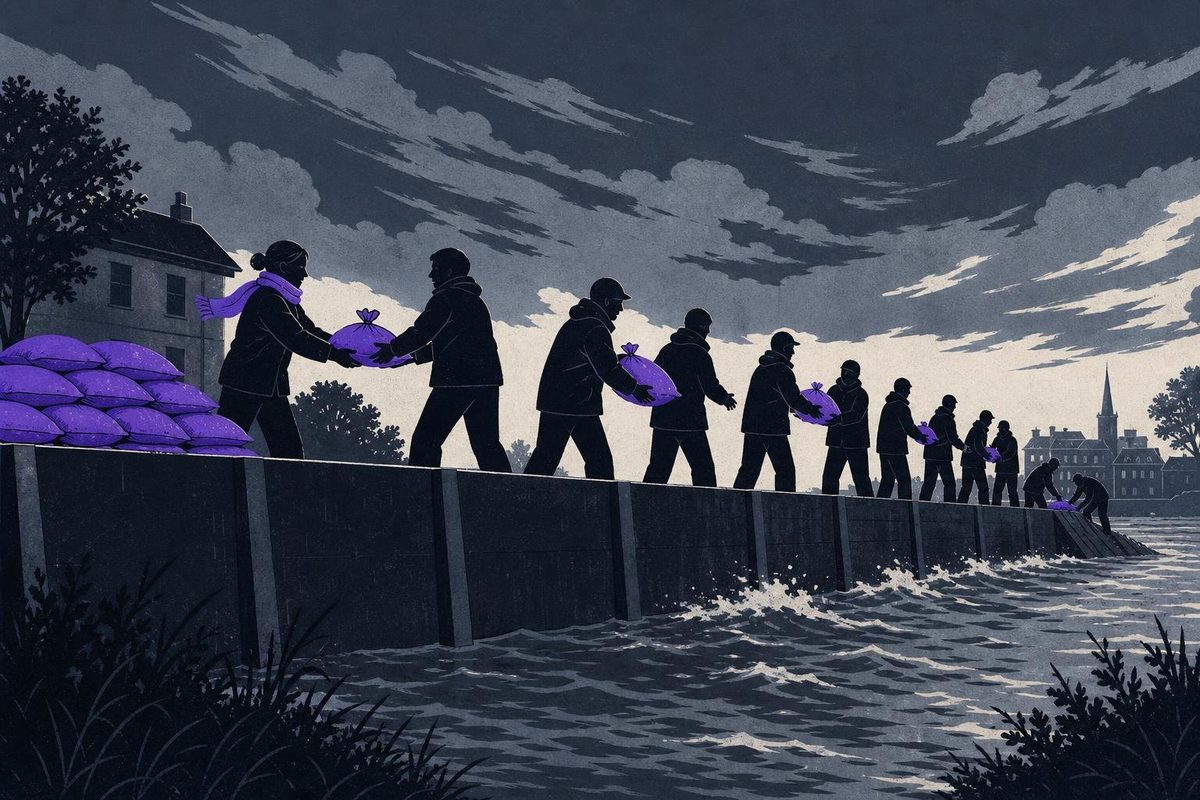 A chain of people passing sandbags along a flood wall at dusk