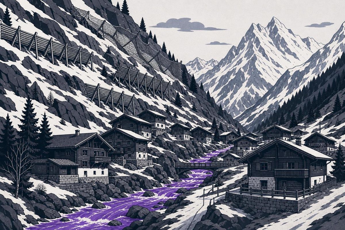 An Alpine village of chalets under avalanche barriers with a violet torrent through the valley