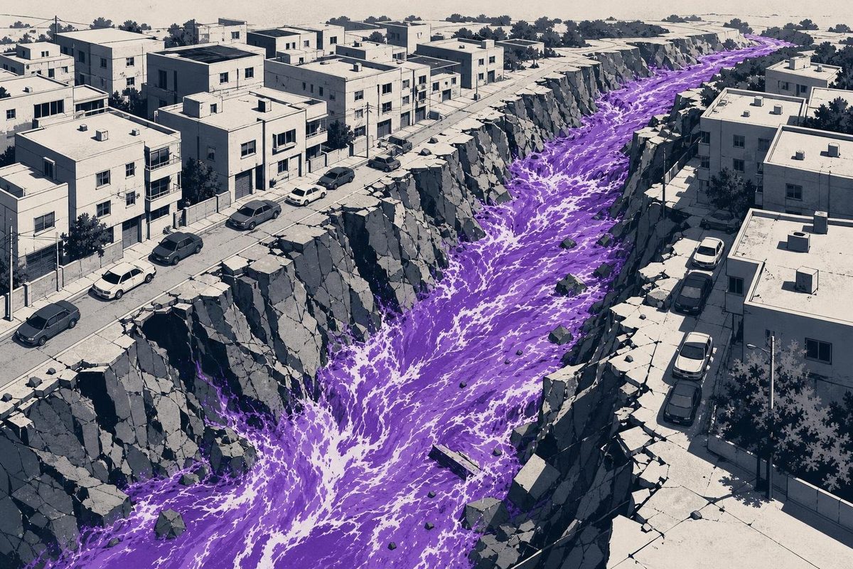 A ravine at the edge of a town filled by a violet torrent, apartment blocks along its banks