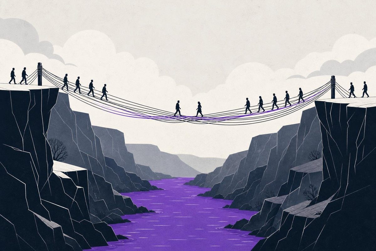 A woven rope bridge joining two cliffs over a violet gorge, with figures crossing from both sides